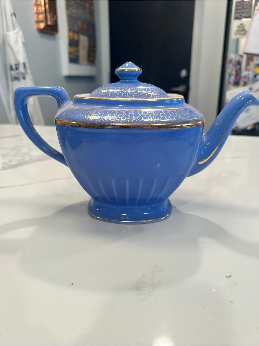 Blue Ceramic Teapot with Gold Crackle Accent